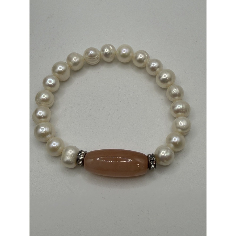 Genuine Pearl And Peach Quartz Stretch Bracelet with Rhinestone Spacer Beads - Picture 2 of 10